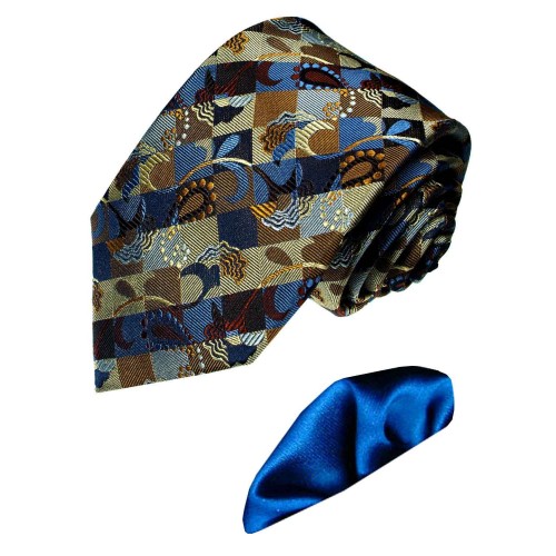 lorenzo cana Neck Tie and pocket square Silk Brown Blue LORENZO CANA