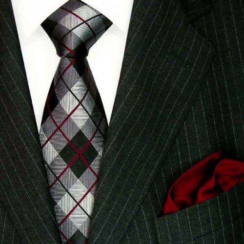 Lorenzo Cana Neck Tie And Pocket Square Silk Gray Black Red LORENZO CANA