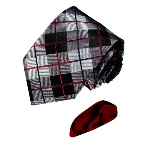 lorenzo cana Neck Tie and pocket square Silk Gray Black Red LORENZO CANA