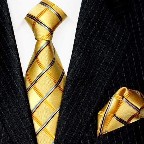 lorenzo cana Neck Tie Set 100% Silk Checkered Gold Blue LORENZO CANA