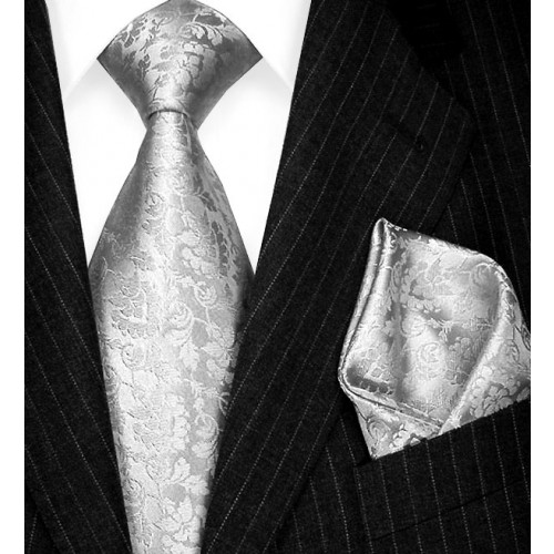lorenzo cana Neck Tie Set 100% Silk Floral Silver Grey LORENZO CANA