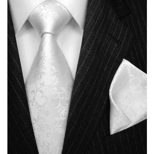 lorenzo cana Neck Tie Set 100% Silk Floral White Silver LORENZO CANA