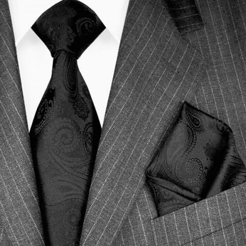 lorenzo cana Neck Tie Set 100% Silk Paisley Black Charcoal LORENZO CANA