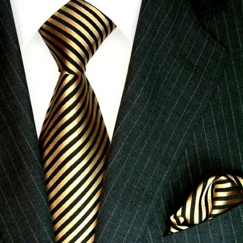 lorenzo cana Neck Tie Set 100% Silk Striped Gold Black LORENZO CANA