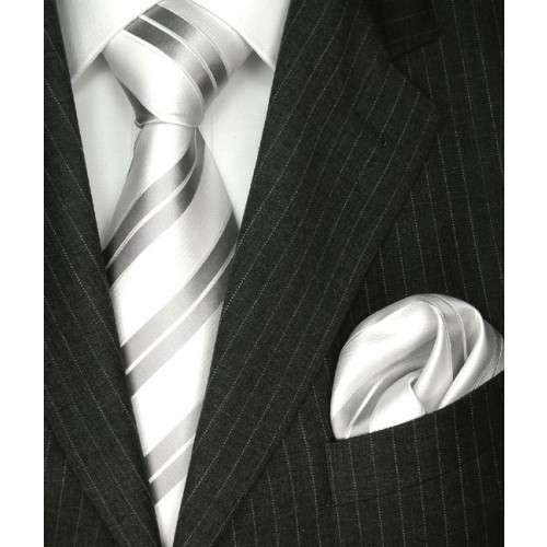 lorenzo cana Neck Tie Set 100% Silk Striped Silver White LORENZO CANA
