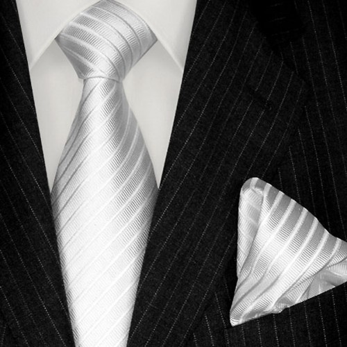 lorenzo cana Neck Tie Set 100% Silk Striped White Silver LORENZO CANA