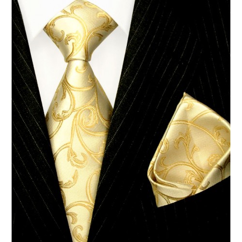 lorenzo cana Neck Tie Set Pure Silk Floral Gold Cream LORENZO CANA