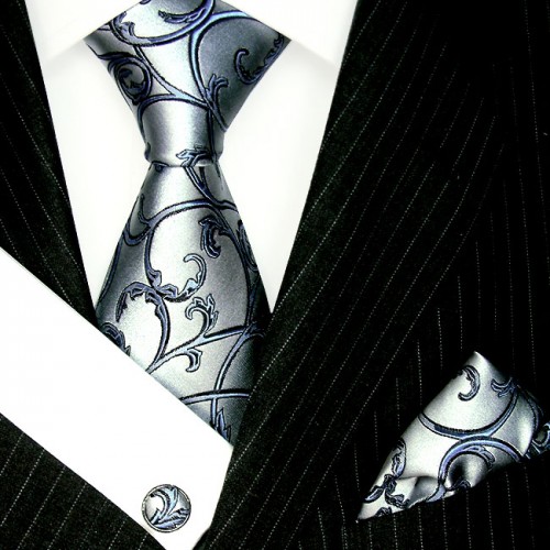 lorenzo cana Necktie Set 100% Silk Floral Blue For Men LORENZO CANA