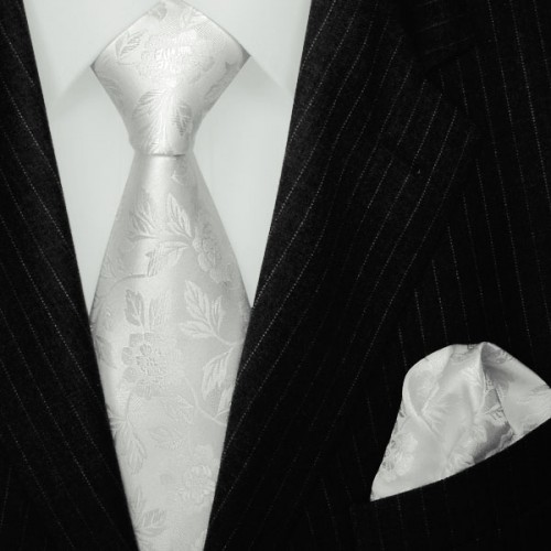 lorenzo cana Necktie Set 100% Silk Floral White Grey LORENZO CANA