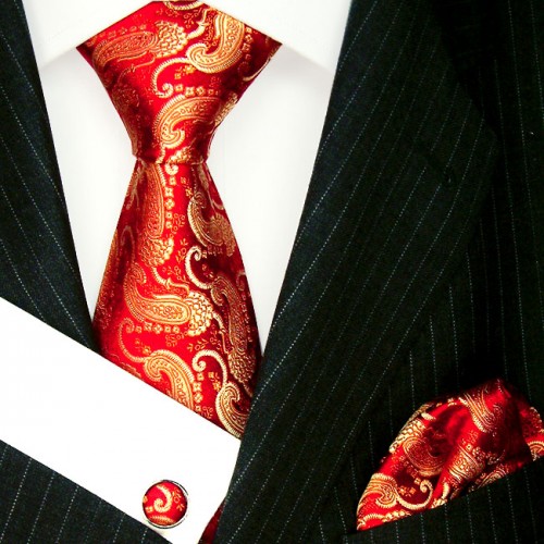 lorenzo cana Necktie Set 100% Silk Paisley Red For Men LORENZO CANA
