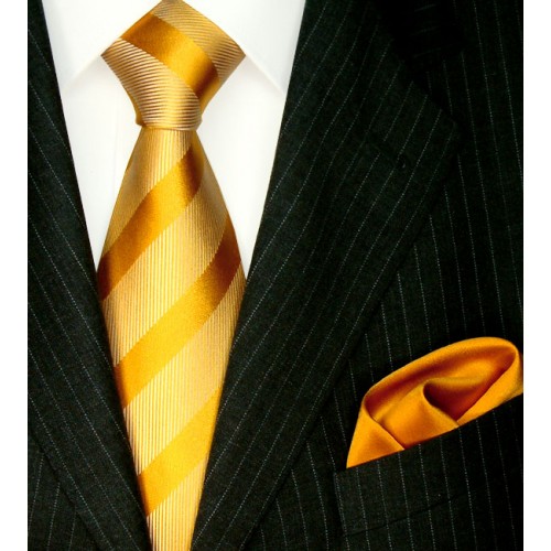 lorenzo cana Necktie Set 100% Silk Striped Gold Orange LORENZO CANA