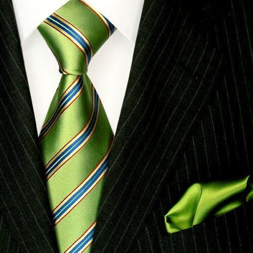 lorenzo cana Necktie Set 100% Silk Striped Green Lime LORENZO CANA
