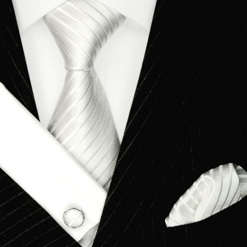 lorenzo cana Necktie Set 100% Silk Striped Silver For Men LORENZO CANA