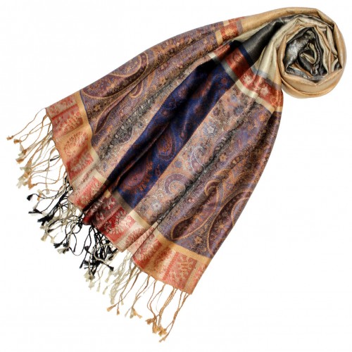 lorenzo cana Scarf 100% Silk Pashmina Paisely Cream Blue Red LORENZO CANA