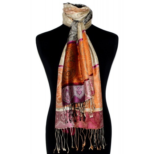 Lorenzo Cana Scarf 100% Silk Pashmina Paisely Orange Pink Gray LORENZO CANA