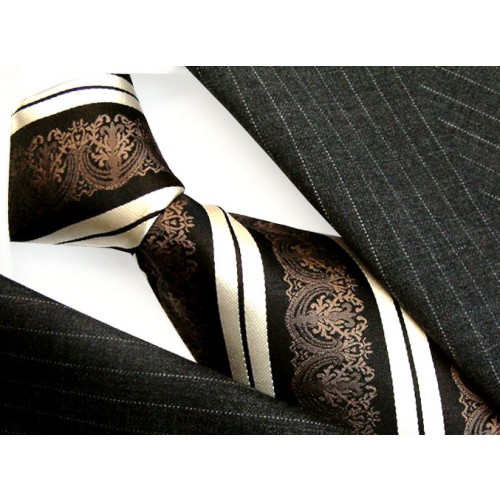 lorenzo cana XL Neck Tie 100% Silk Striped Brown White LORENZO CANA