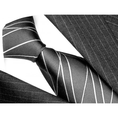 lorenzo cana XL Neck Tie 100% Silk Striped Grey White LORENZO CANA