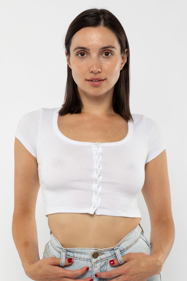 Los Angeles Apparel Baby Rib Short Sleeve Button Up Crop Top