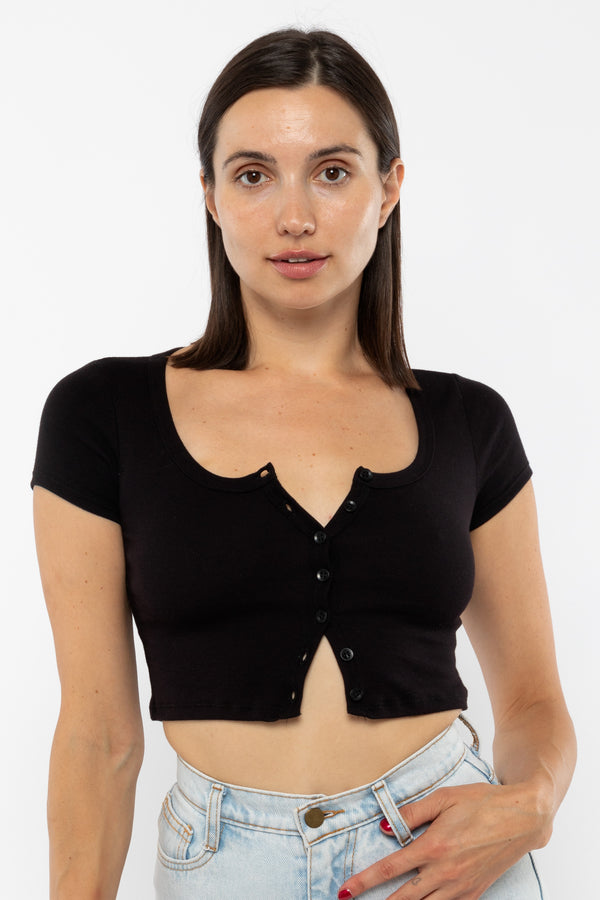 Los Angeles Apparel Baby Rib Short Sleeve Button Up Crop Top