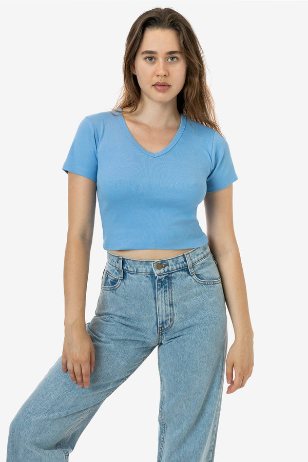 Los Angeles Apparel Baby Rib Short Sleeve V-Neck Crop Tee