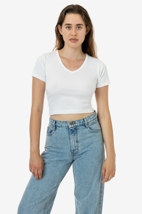Los Angeles Apparel Baby Rib Short Sleeve V-Neck Crop Tee