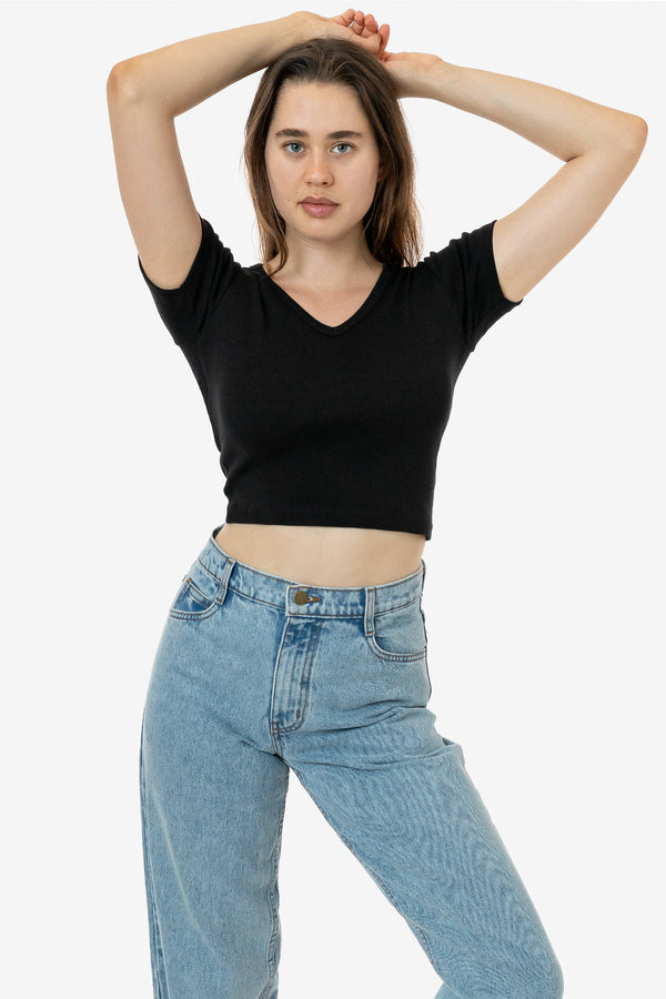 los angeles apparel Baby Rib Short Sleeve V-Neck Crop Tee