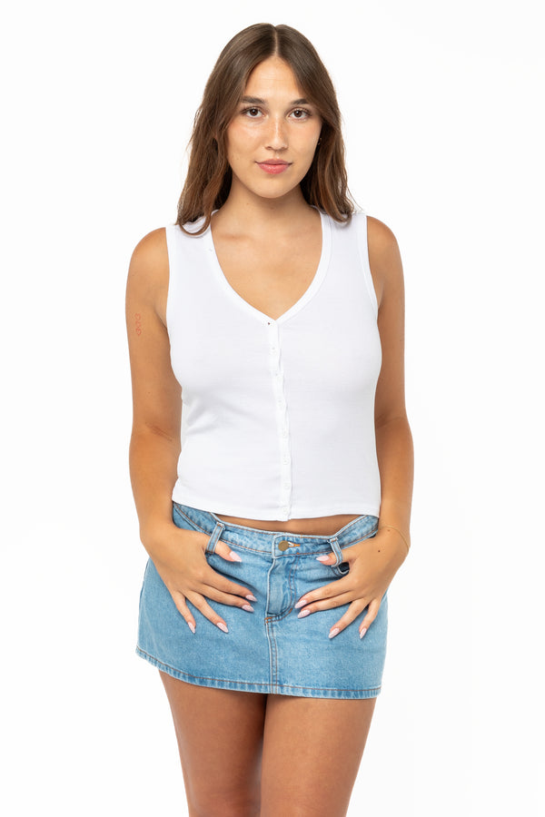 Los Angeles Apparel Baby Rib Sleeveless V Neck Button Up Top