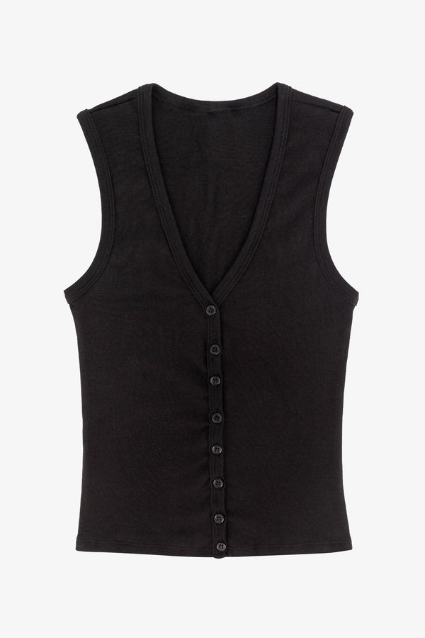 Los Angeles Apparel Baby Rib Sleeveless V Neck Button Up Top