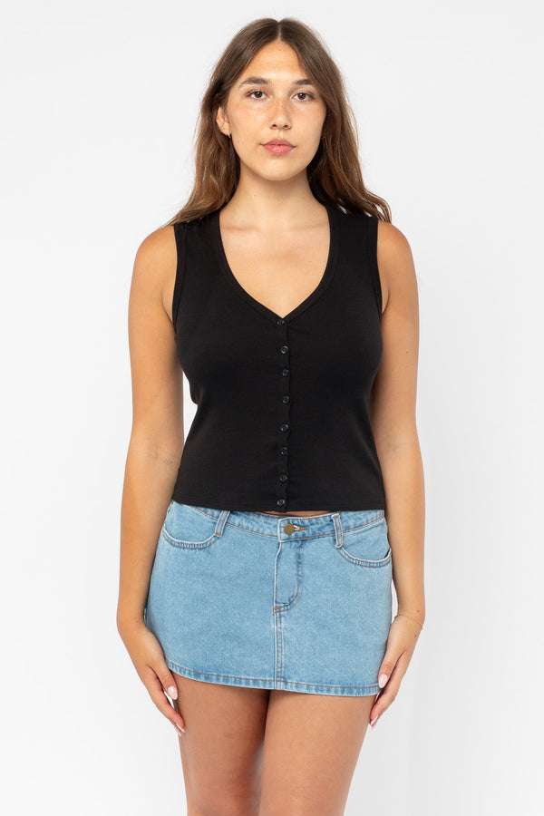 los angeles apparel Baby Rib Sleeveless V Neck Button Up Top