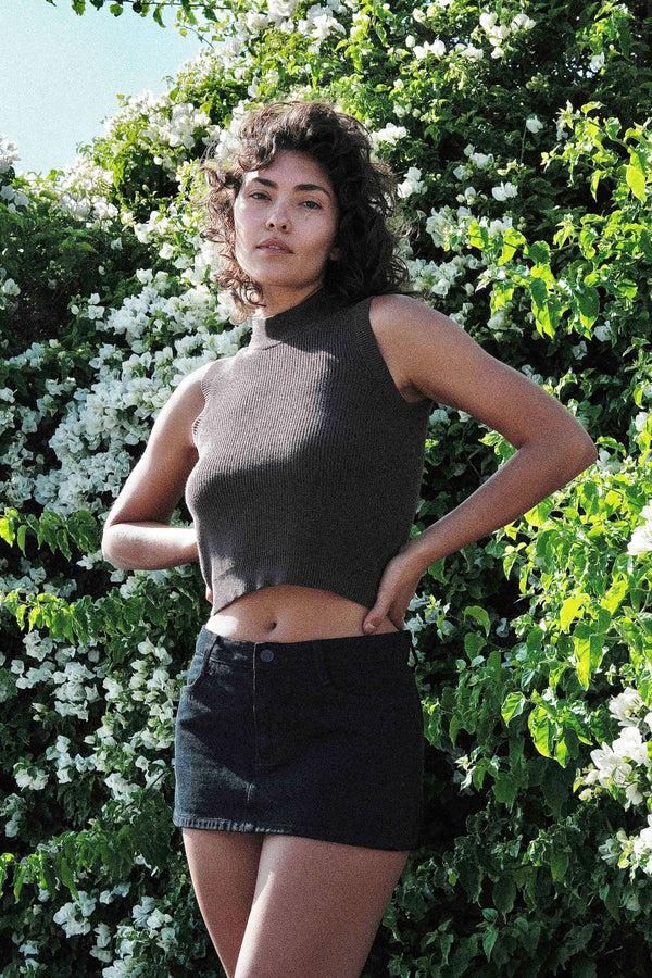 Los Angeles Apparel Cotton Knit Sleeveless Mock Neck Sweater