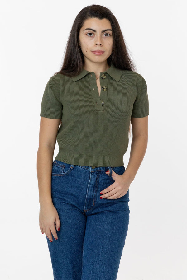 Los Angeles Apparel Cotton Short Sleeve Cropped Polo Sweater