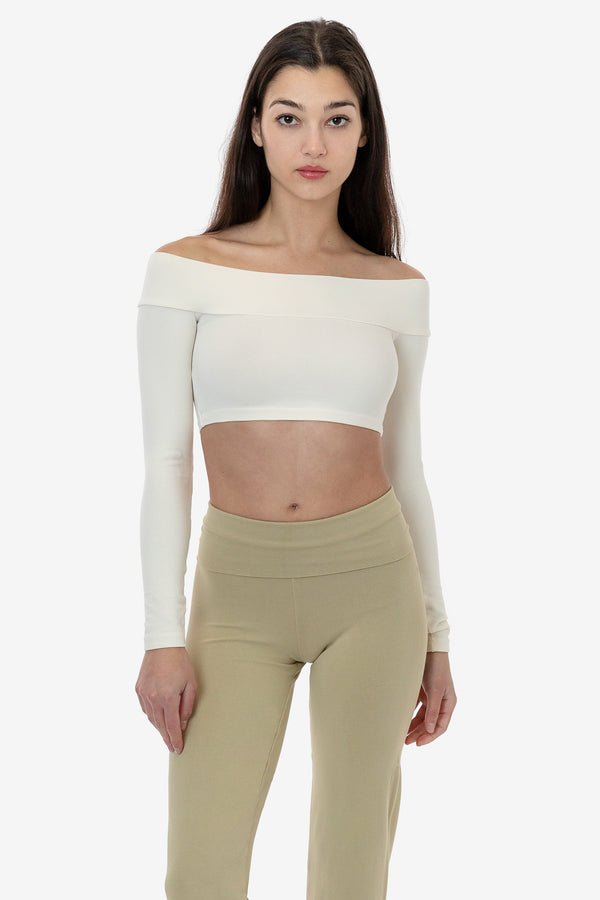 Los Angeles Apparel Cotton Spandex Long Sleeve Off Shoulder Crop Top