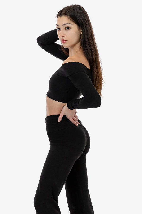 Los Angeles Apparel Cotton Spandex Long Sleeve Off Shoulder Crop Top