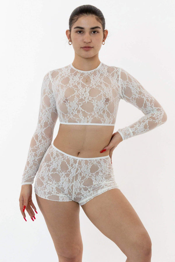 Los Angeles Apparel Floral Lace Long Sleeve Crop Top