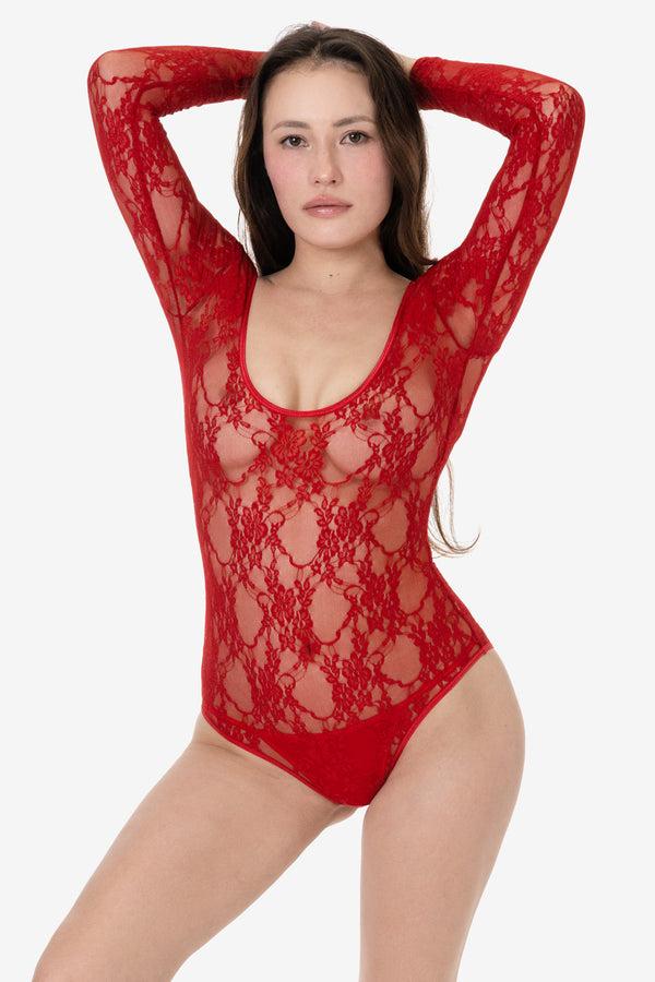 Los Angeles Apparel Floral Lace Long Sleeve Scoopneck Bodysuit