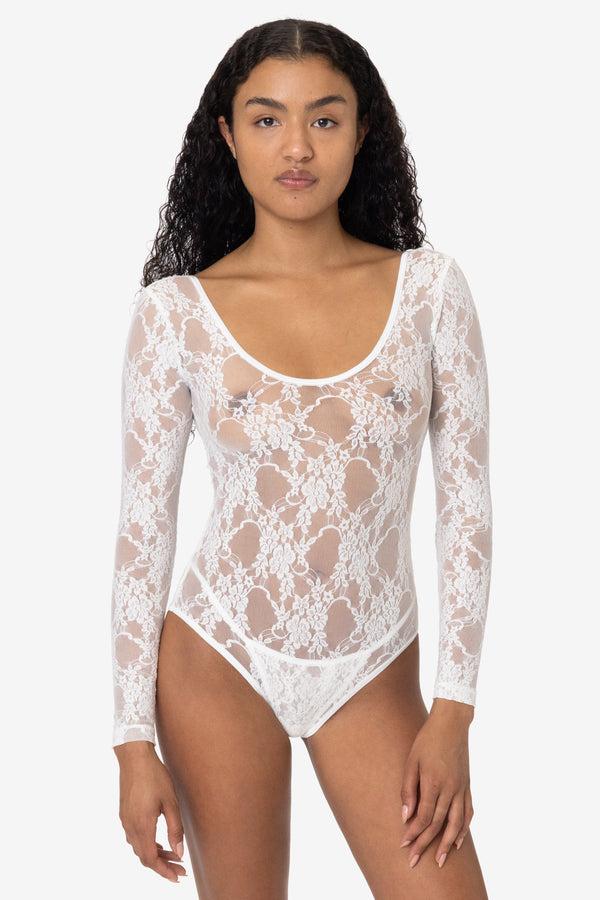 Los Angeles Apparel Floral Lace Long Sleeve Scoopneck Bodysuit