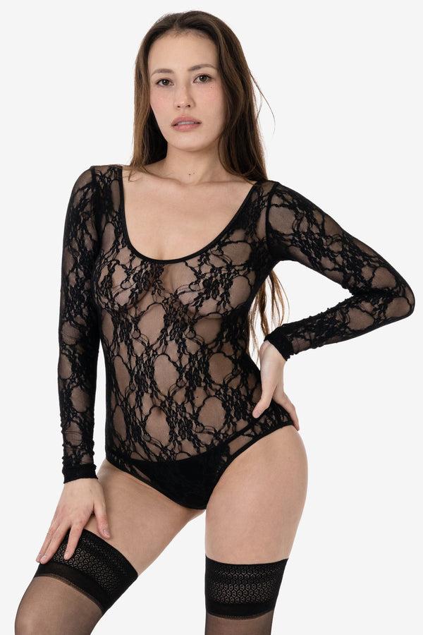 los angeles apparel Floral Lace Long Sleeve Scoopneck Bodysuit
