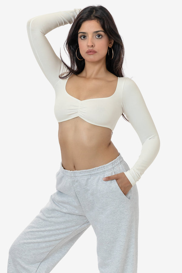 Los Angeles Apparel Garment Dye Ruched Long Sleeve Micro Crop Top