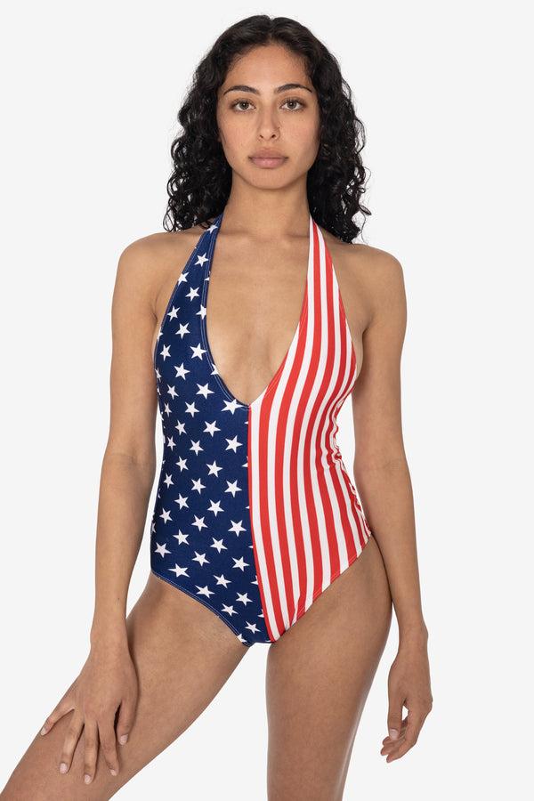 Los Angeles Apparel Printed 2-Tone Halter One Piece