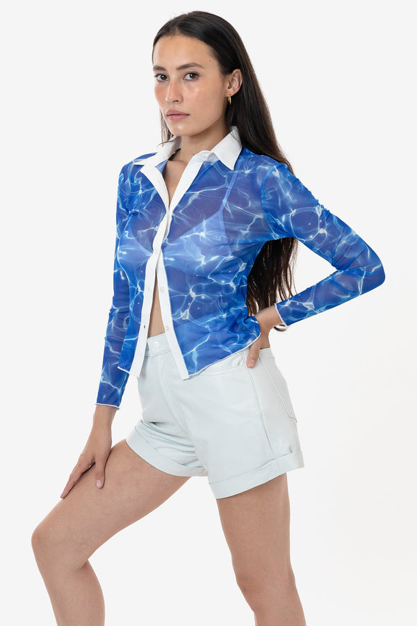 Los Angeles Apparel Printed Micro Mesh Long Sleeve Button Up