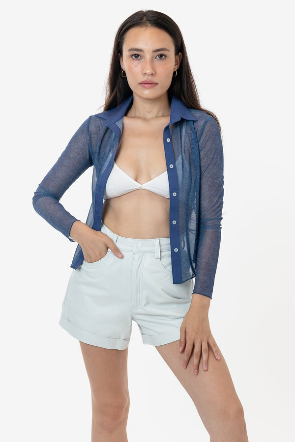 Los Angeles Apparel Printed Micro Mesh Long Sleeve Button Up