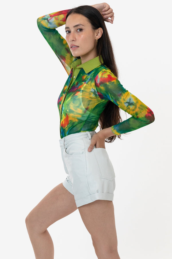 Los Angeles Apparel Printed Micro Mesh Long Sleeve Button Up