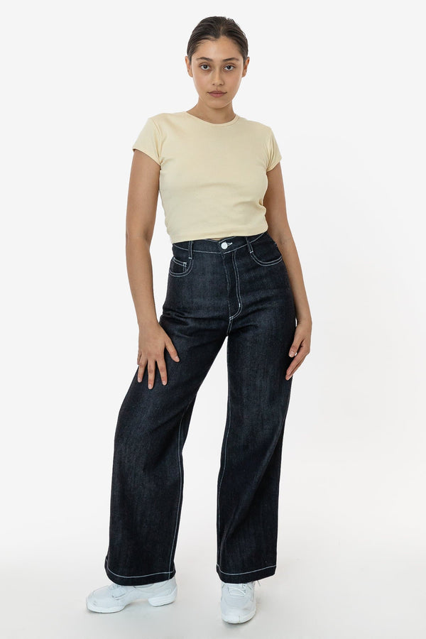 Los Angeles Apparel Raw Dark Indigo High Waisted Wide Leg Denim Jean