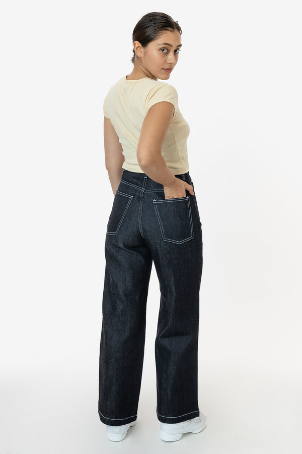 Los Angeles Apparel Raw Dark Indigo High Waisted Wide Leg Denim Jean