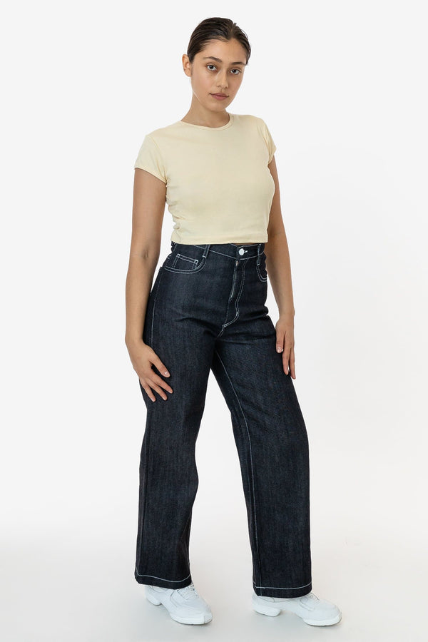 los angeles apparel Raw Dark Indigo High Waisted Wide Leg Denim Jean