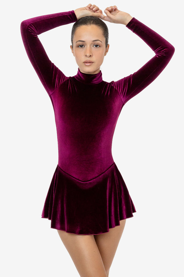 Los Angeles Apparel Velvet Long Sleeve Mockneck Skirted Leotard