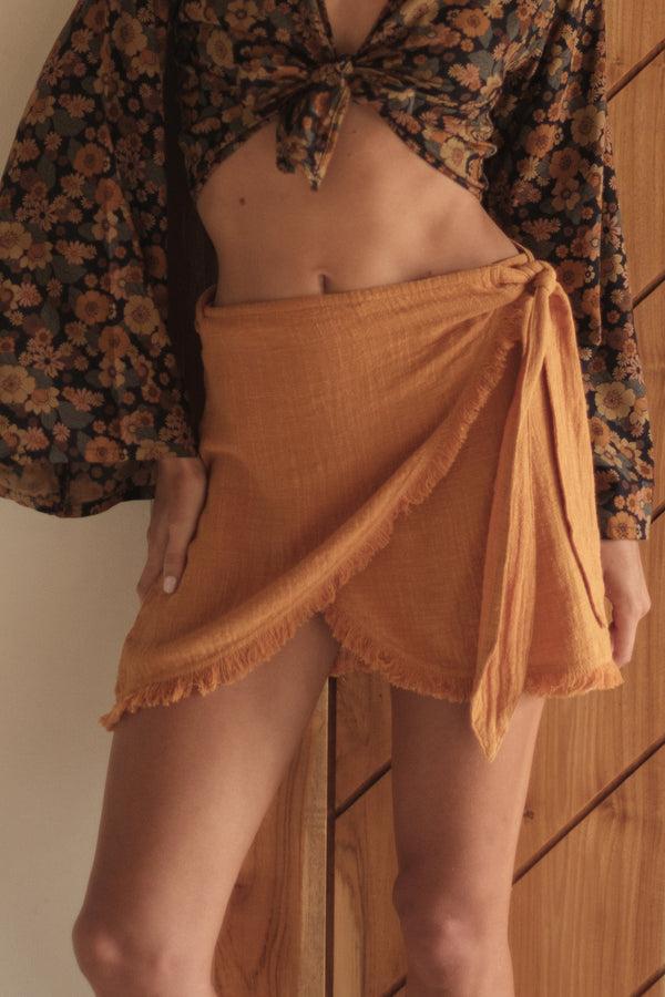 lost in paradise Fray Wrap Skirt Yellow