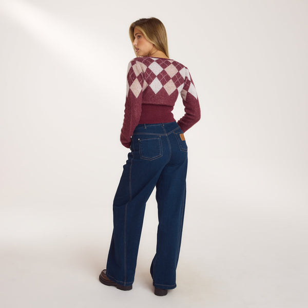 Lounge Underwear Argyle Wool Blend Cardigan - Cherry Lacquer