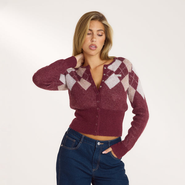 lounge underwear Argyle Wool Blend Cardigan - Cherry Lacquer