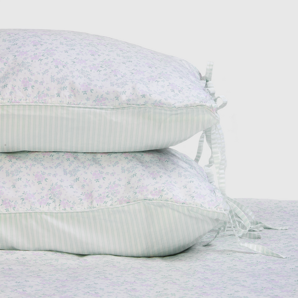 lounge underwear Bloom & Stripe Reversible Pillowcases (2-Pack) - Sage Floral Print